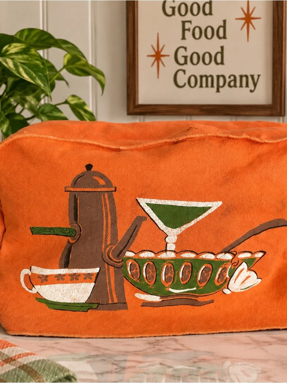 MCM Orange Kitchen Appliance Cover with Green & Brown Graphic